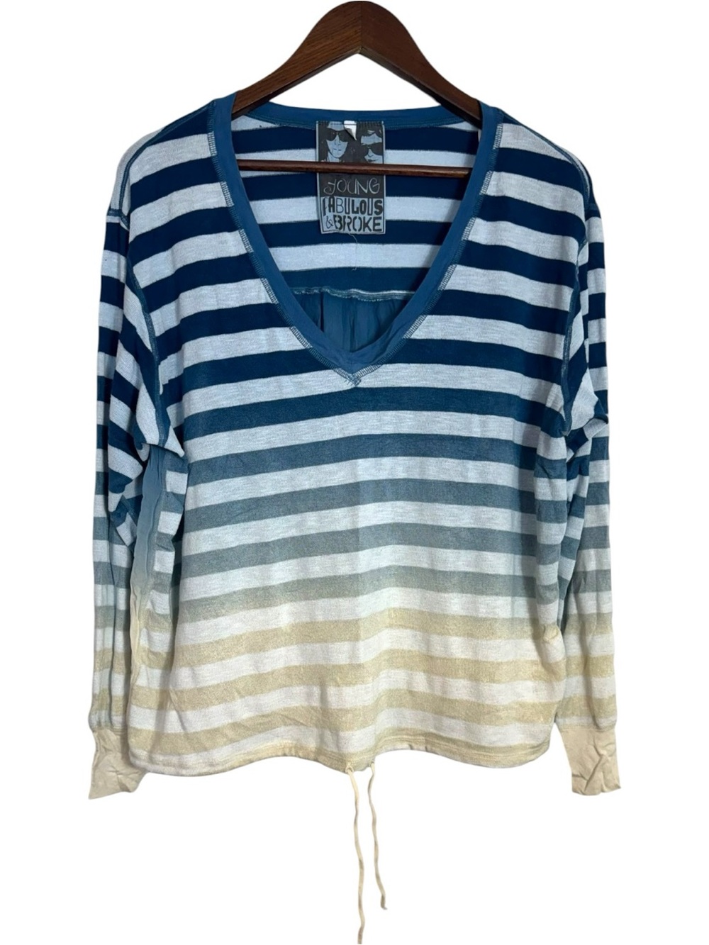 YOUNG FABULOUS & BROKE Striped V-Neck Ombré Blouse Top Sheer Back Small Oversize